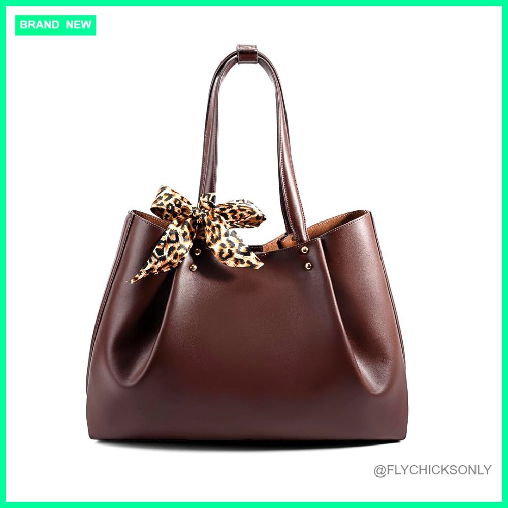 Large Vegan Leather Tote Bag With Detachable Pocket And Silk Scarf